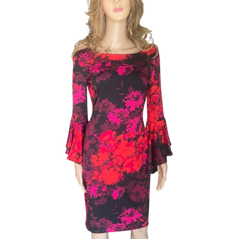 FRANK LYMAN design red/black Floral Bell-Sleeve
Sheath Dress dress size 4 - Picture 6 of 13